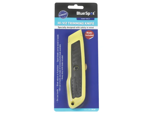BlueSpot Hi-Viz trimming knife in packaging on a white background