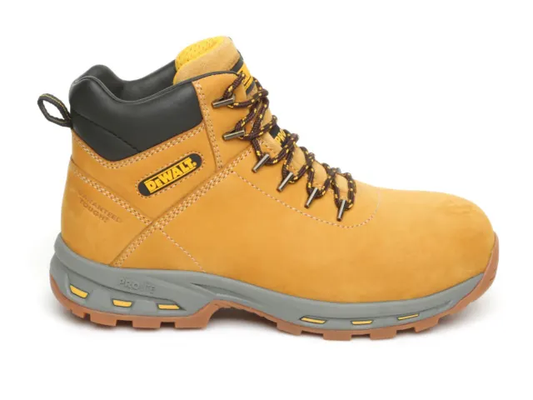 Yellow work boot with black accents on a white background