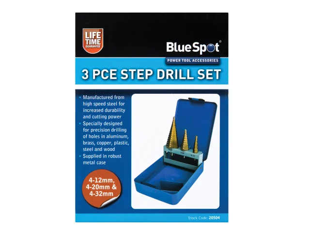 BlueSpot 3-piece step drill set packaging on a white background