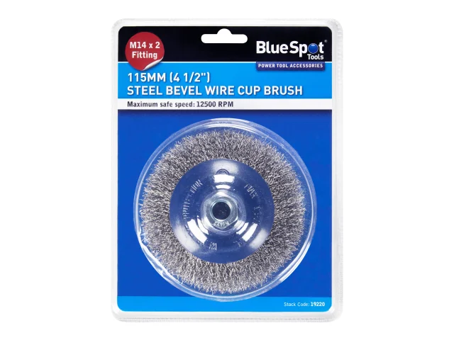 BlueSpot Steel Bevel Wire Cup Brush packaging on a white background