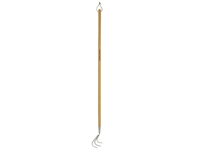 Gardening tool with a long handle and metal prongs on a white background