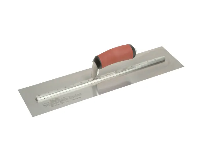 Metal trowel with a red handle on a white background
