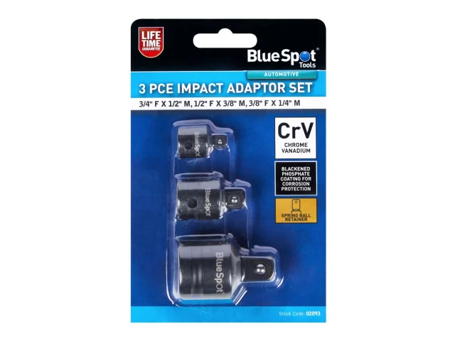 Bluespot Tools 3-piece impact adaptor set packaging on a white background