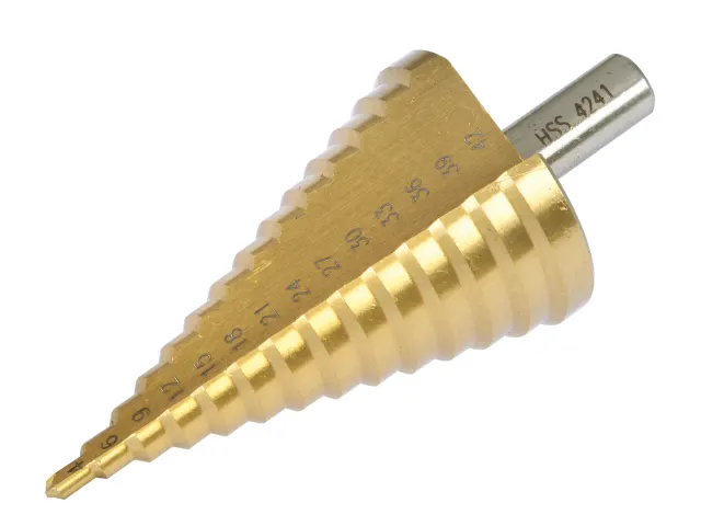 Step drill bit with gold shank on a white background