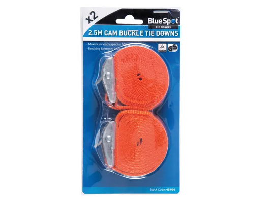 Packaged 2.5M Cam Buckle Tie Downs with BlueSpot branding on a white background
