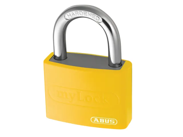 Yellow padlock with silver shackle on a white background