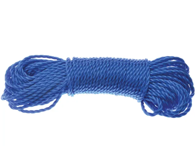 Coiled blue rope on a white background