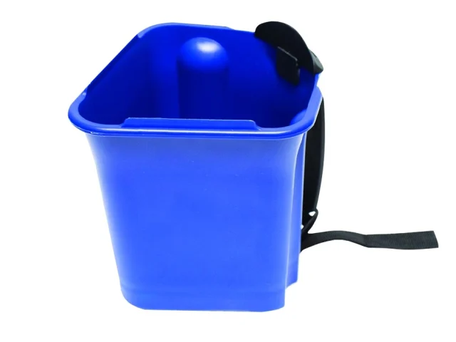 Blue plastic bucket with a black handle on a white background