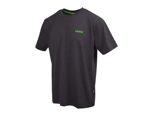Black t-shirt with a logo on a white background