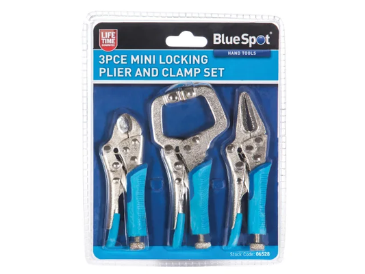 3-piece mini locking plier and clamp set in packaging with BlueSpot branding.