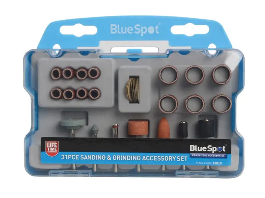 BlueSpot 31-piece sanding and grinding accessory set in packaging
