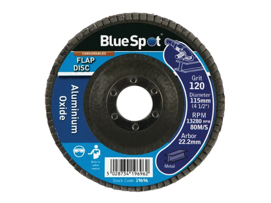 BlueSpot flap disc with specifications on a white background
