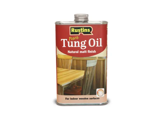 Can of Rustins Pure Tung Oil on a white background