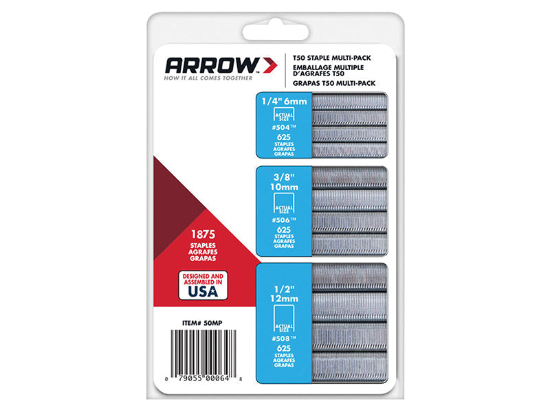 T50 Staples Multi Pack 6mm 10mm & 12mm (Box 1875, 3 x 625), Arrow