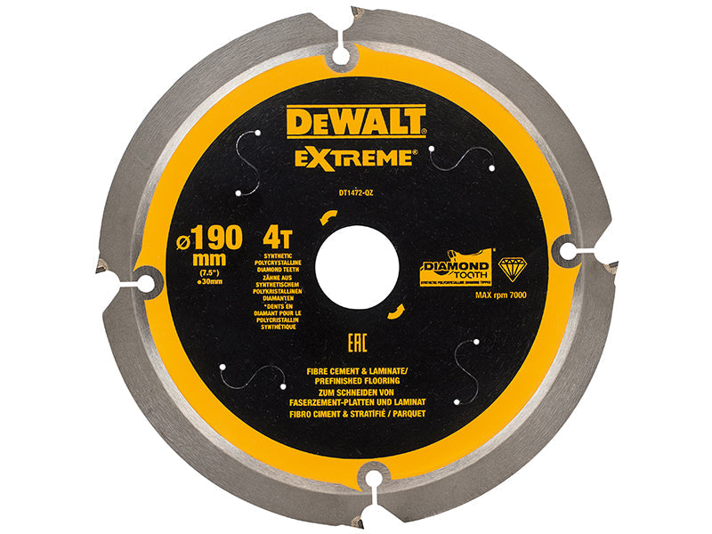 Extreme PCD Fibre Cement Saw Blade 190 x 30mm x 4T, DEWALT