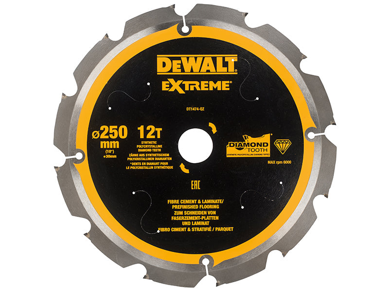 Extreme PCD Fibre Cement Saw Blade 250 x 30mm x 12T, DEWALT