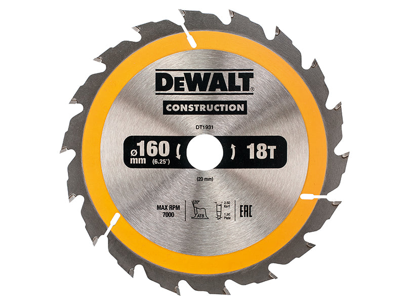 Portable Construction Circular Saw Blade 160 x 20mm x 18T, DEWALT