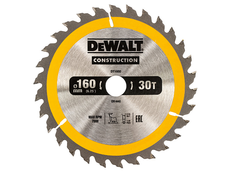 Portable Construction Circular Saw Blade 160 x 20mm x 30T, DEWALT