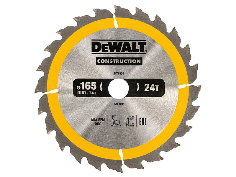 Portable Construction Circular Saw Blade 165 x 20mm x 24T, DEWALT