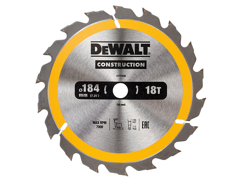 Portable Construction Circular Saw Blade 184 x 16mm x 18T, DEWALT