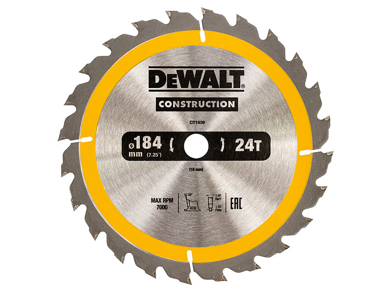 Portable Construction Circular Saw Blade 184 x 16mm x 24T, DEWALT