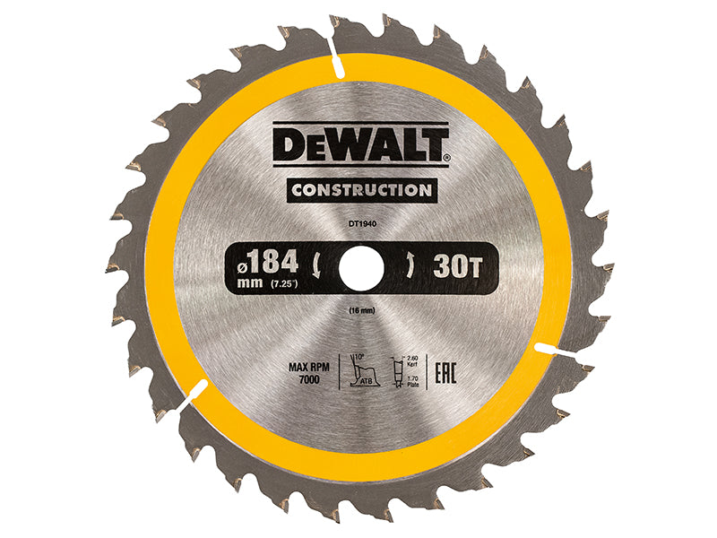 Portable Construction Circular Saw Blade 184 x 16mm x 30T, DEWALT