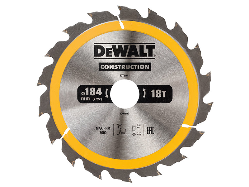 Portable Construction Circular Saw Blade 184 x 30mm x 18T, DEWALT