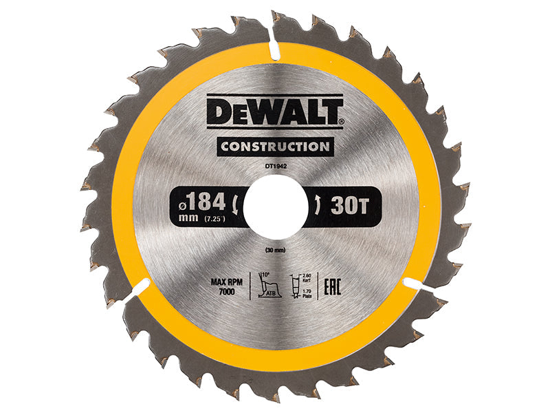 Portable Construction Circular Saw Blade 184 x 30mm x 30T, DEWALT