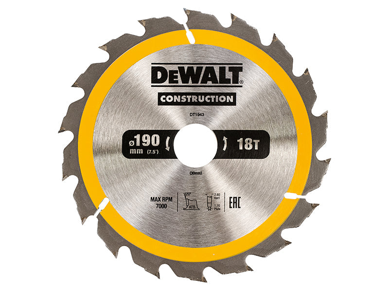 Portable Construction Circular Saw Blade 190 x 30mm x 18T, DEWALT