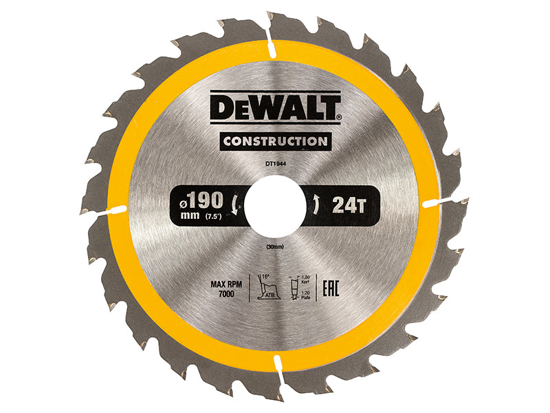 Portable Construction Circular Saw Blade 190 x 30mm x 24T, DEWALT