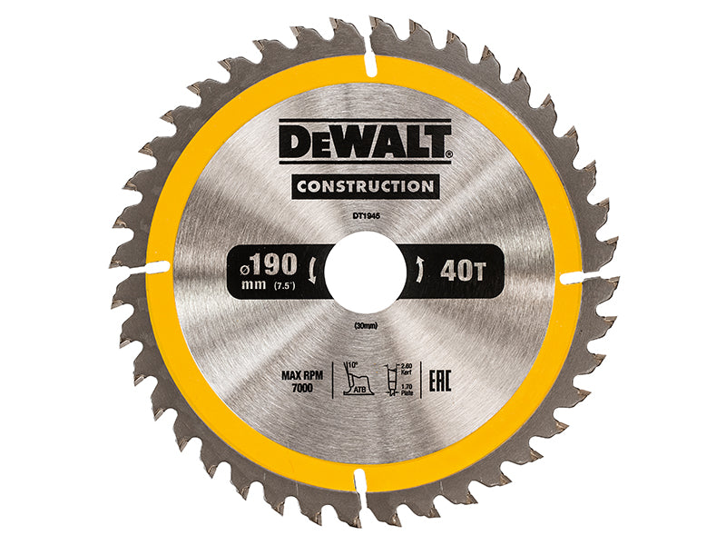 Portable Construction Circular Saw Blade 190 x 30mm x 40T, DEWALT