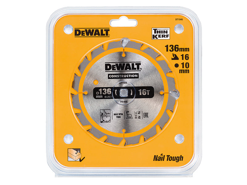 Cordless Construction Trim Saw Blade 136 x 10mm x 16T, DEWALT