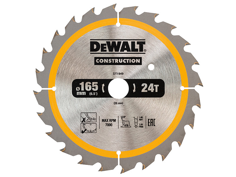 Cordless Construction Trim Saw Blade 165 x 20mm x 24T, DEWALT