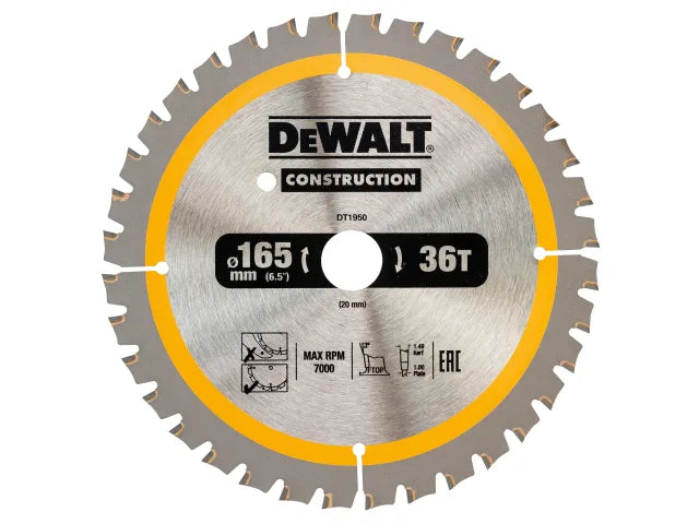 Cordless Construction Trim Saw Blade 165 x 20mm x 36T, DEWALT