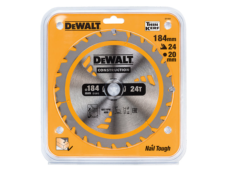 Cordless Construction Trim Saw Blade 184 x 20mm x 24T, DEWALT