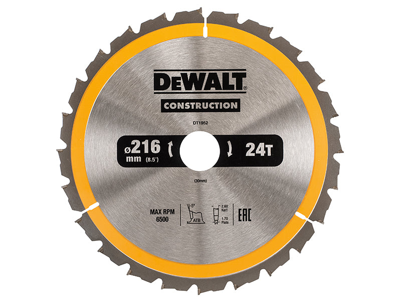Stationary Construction Circular Saw Blade 216 x 30mm x 24T ATB/Neg, DEWALT