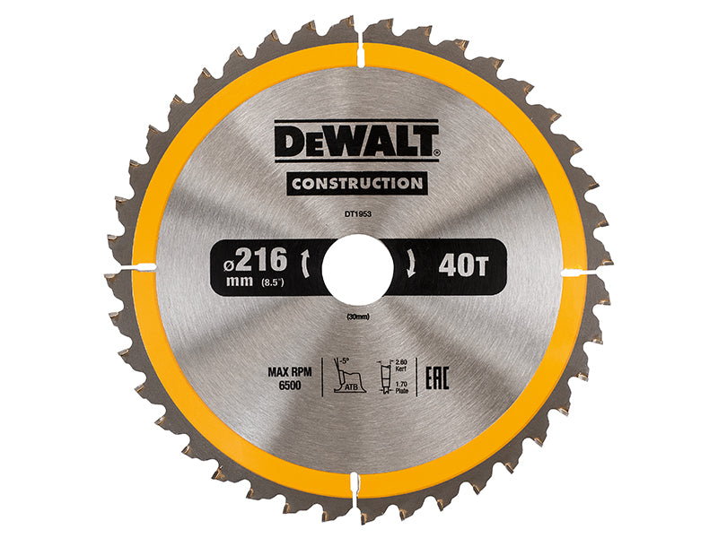 Stationary Construction Circular Saw Blade 216 x 30mm x 40T ATB/Neg, DEWALT