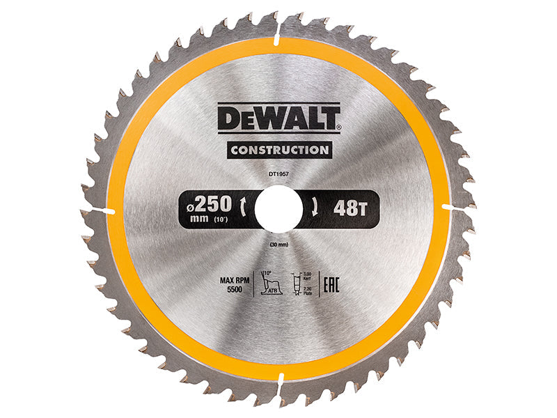 Stationary Construction Circular Saw Blade 250 x 30mm x 48T, DEWALT