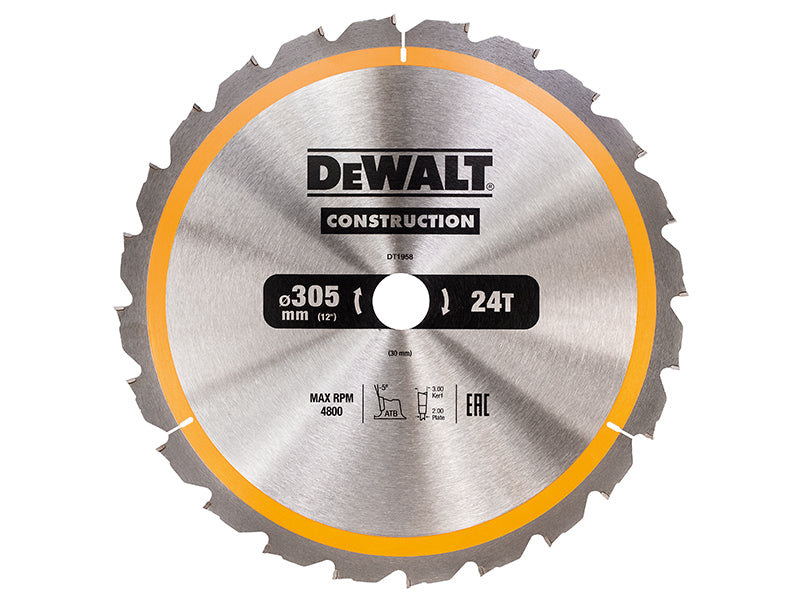 Stationary Construction Circular Saw Blade 305 x 30mm x 24T ATB/Neg, DEWALT