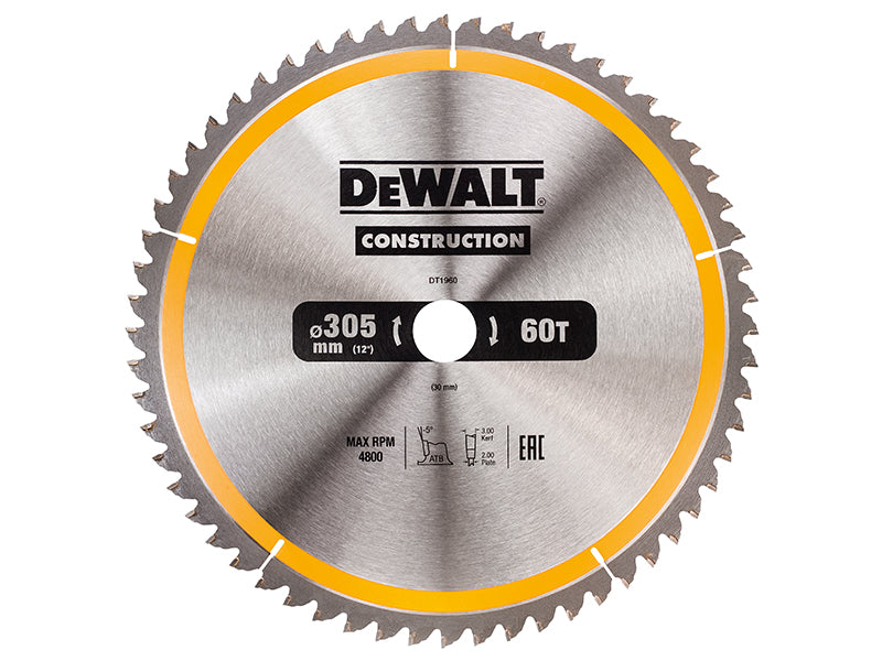 Stationary Construction Circular Saw Blade 305 x 30mm x 60T ATB/Neg, DEWALT