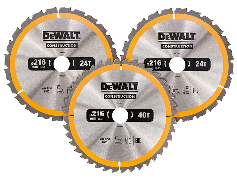 DT1962 Construction Circular Saw Blade 3 Pack 216 x 30mm 2 x 24T 1 x 40T, DEWALT