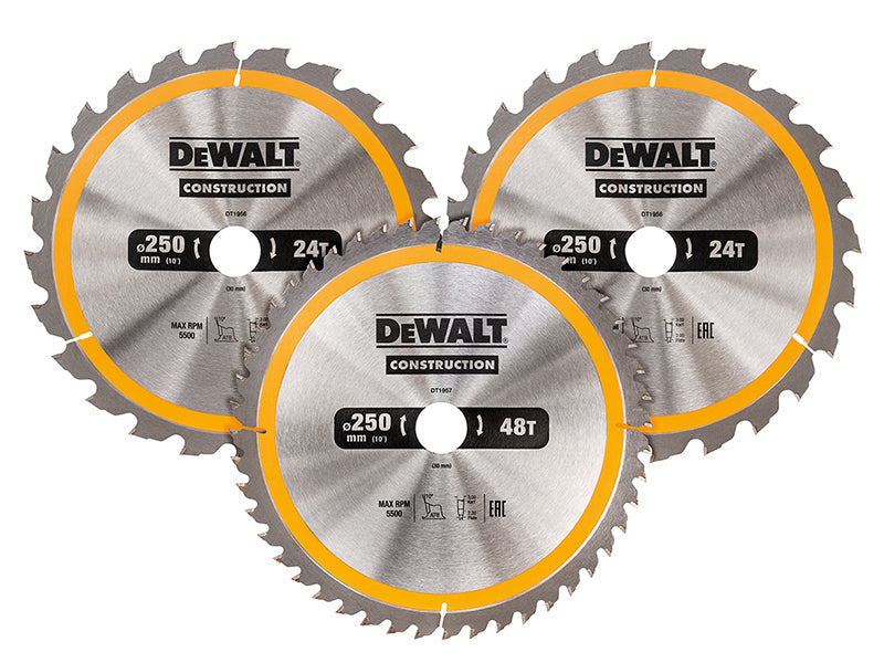 DT1963 Construction Circular Saw Blade 3 Pack 250 x 30mm x 24T/48T, DEWALT