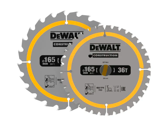 DT90270 Construction Circular Saw Blade 2 Pack 165 x 20mm x 24T/36T, DEWALT