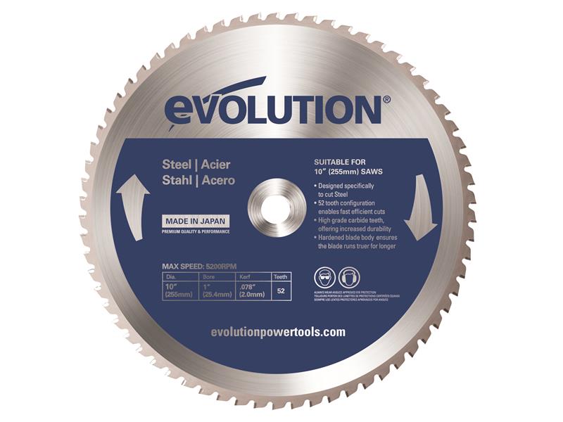 Mild Steel Cutting Mitre Saw Blade 255 x 25.4mm x 52T, Evolution