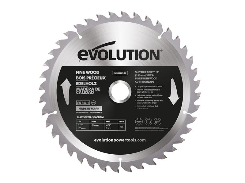Fine Wood Mitre/Table Saw Blade 185 x 20mm x 40T, Evolution