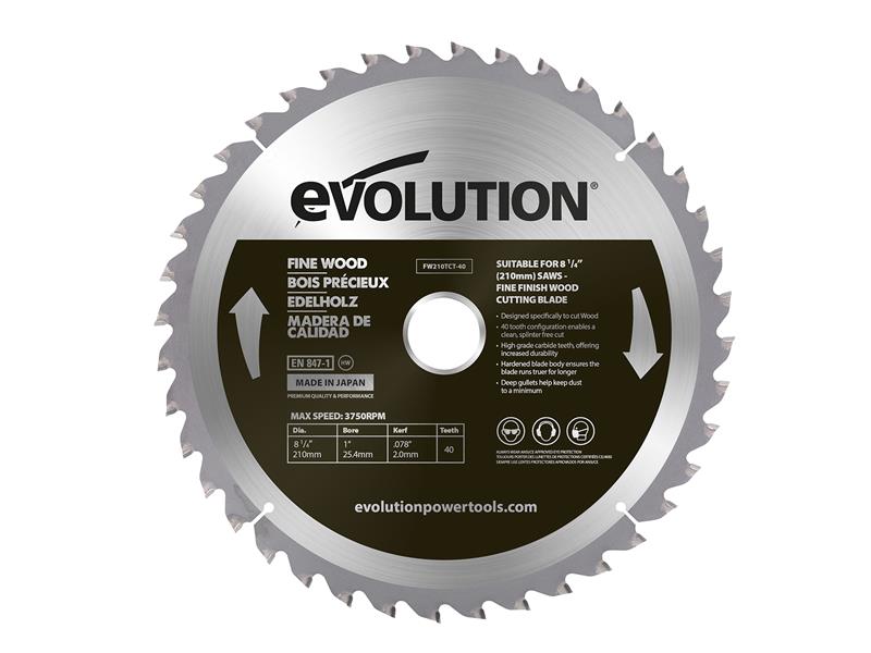 Fine Wood Mitre/Table Saw Blade 210 x 25.4mm x 40T, Evolution
