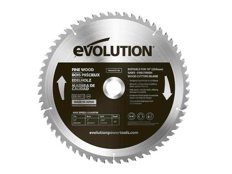 Fine Wood Mitre/Table Saw Blade 255 x 25.4mm x 60T, Evolution