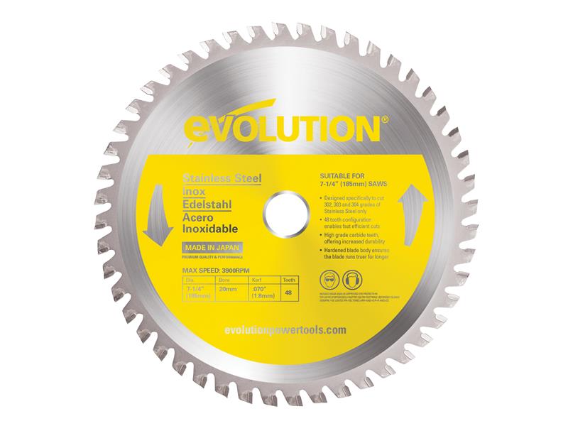 Stainless Steel Cutting Circular Saw Blade 185 x 20mm x 48T, Evolution
