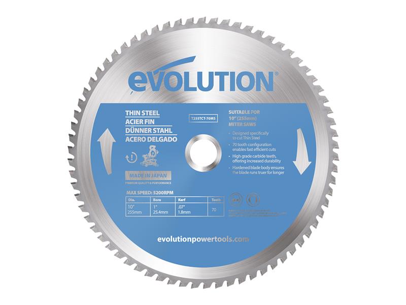 Thin Steel Cutting Mitre Saw Blade 255 x 25.4mm x 70T, Evolution