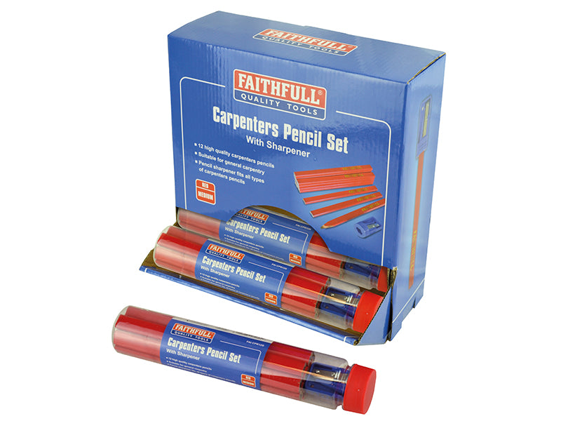 Carpenters Pencils Red (12 x Tubes of 12 + Sharpener), Faithfull